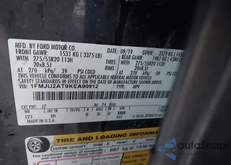 2019 Ford Expedition Limited z USA, uszkodzony, nr VIN 1FMJU2AT9KEA90912